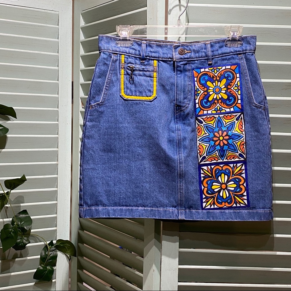 Levi Strauss Hand-Painted Telavera Tile Jean Skirt